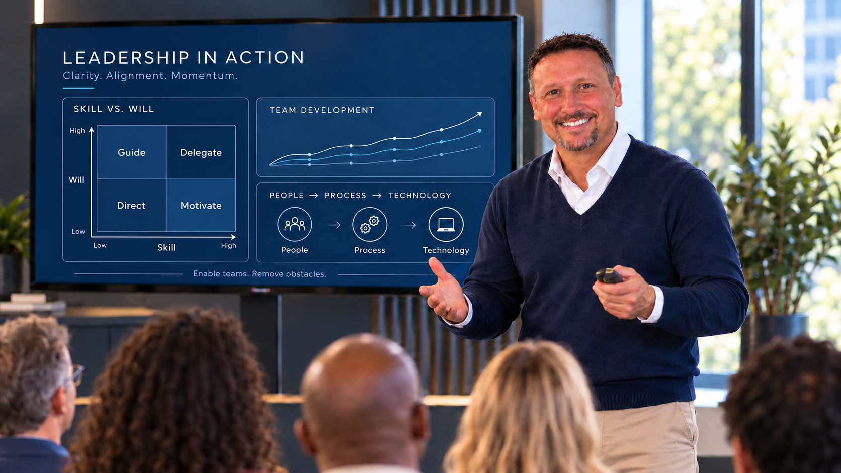 AI-created illustration of CJ Levy presenting people-first leadership to a team